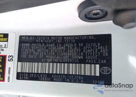 2020 Toyota Camry Xse z USA, uszkodzony, nr VIN 4T1K61AK1LU329330